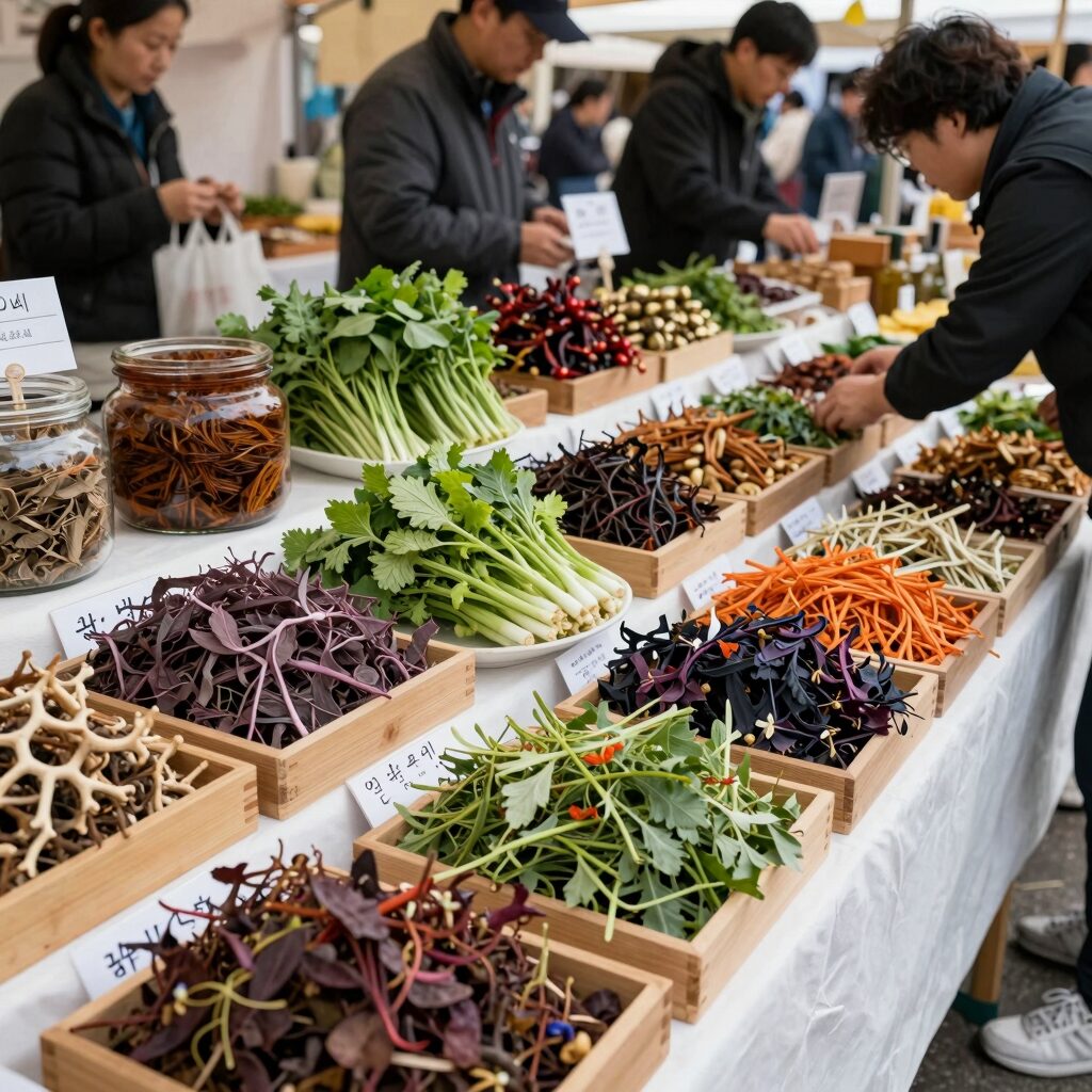 영양 산나물 축제에서 산나물로 만든 다양한 음식들이 진열된 장터 모습