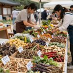 양평 용문산 산나물 축제장에서 다양한 산나물이 진열되어 있는 생생한 현장 사진