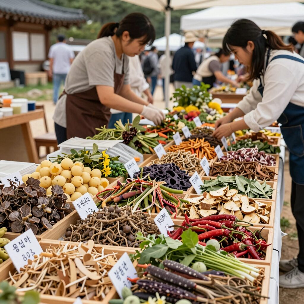 양평 용문산 산나물 축제장에서 다양한 산나물이 진열되어 있는 생생한 현장 사진