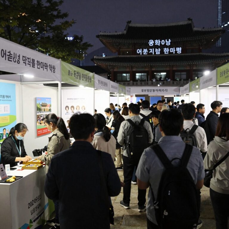2026년 광화문광장 어촌관광 한마당 행사장 전경, 다양한 부스와 사람들이 모여 있는 활기찬 현장
