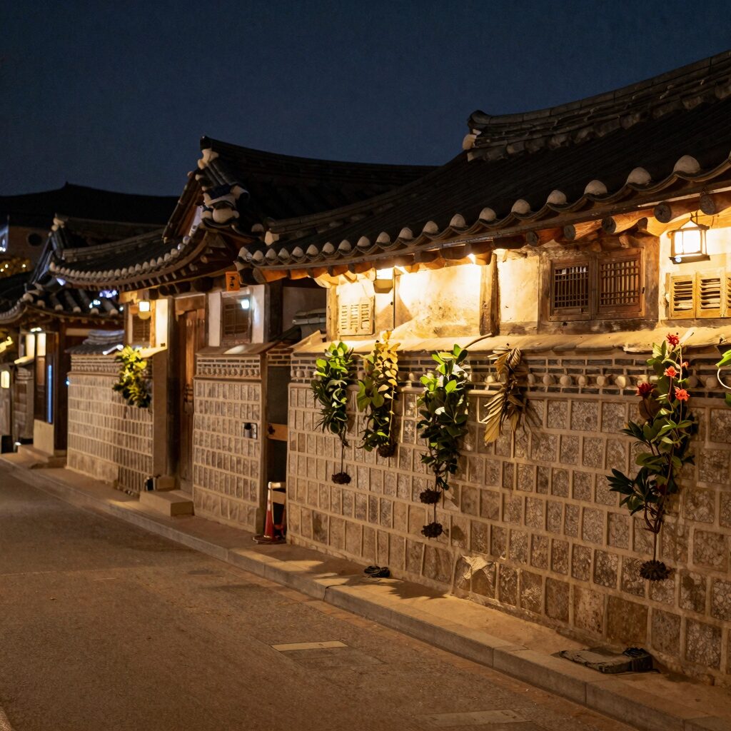 밤에 빛으로 물든 아산 외암마을 한옥 골목길 풍경, 전통 기와지붕과 담쟁이덩굴이 따뜻한 조명을 받고 있음