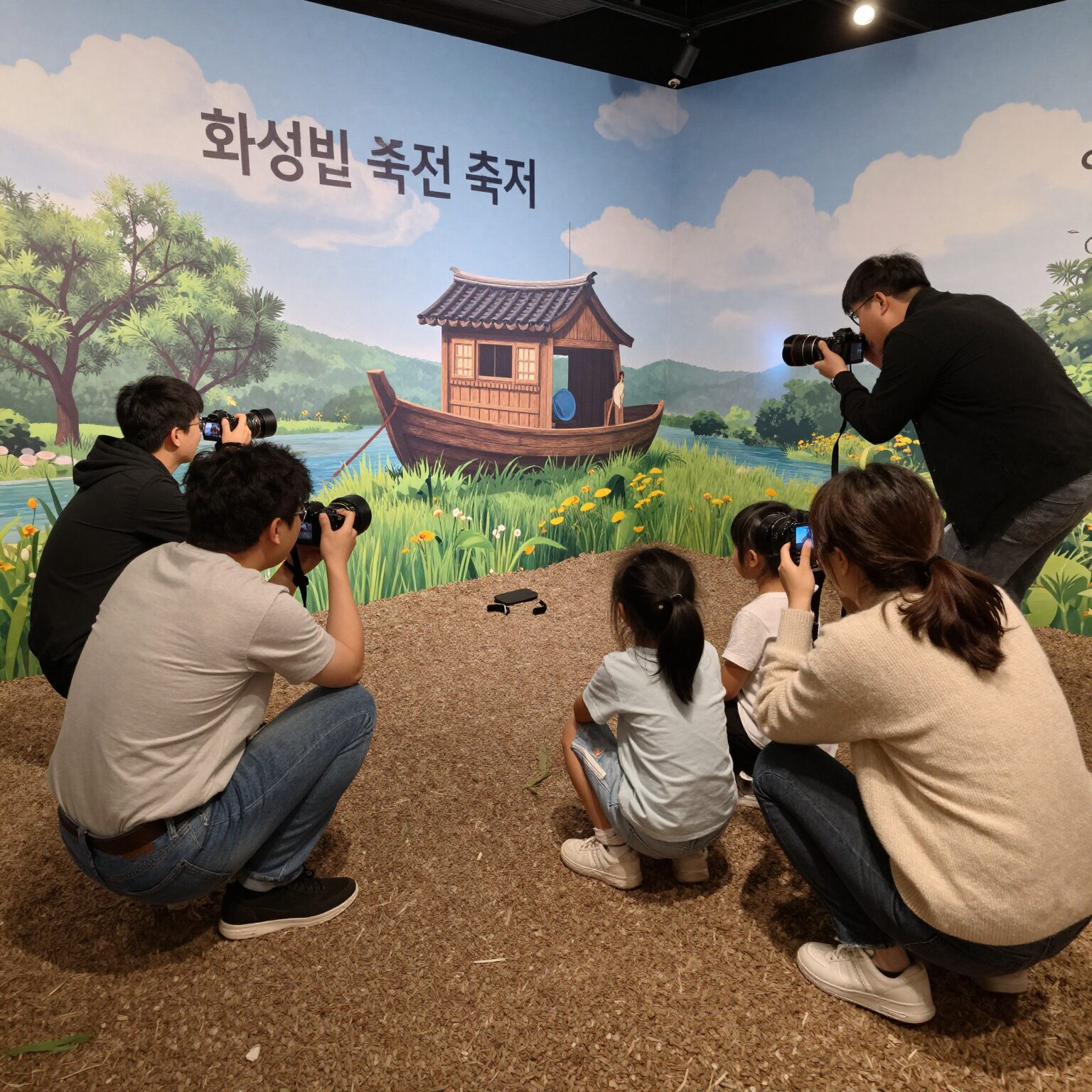 화성 뱃놀이 축제 포토존에서 가족이 사진 찍는 모습