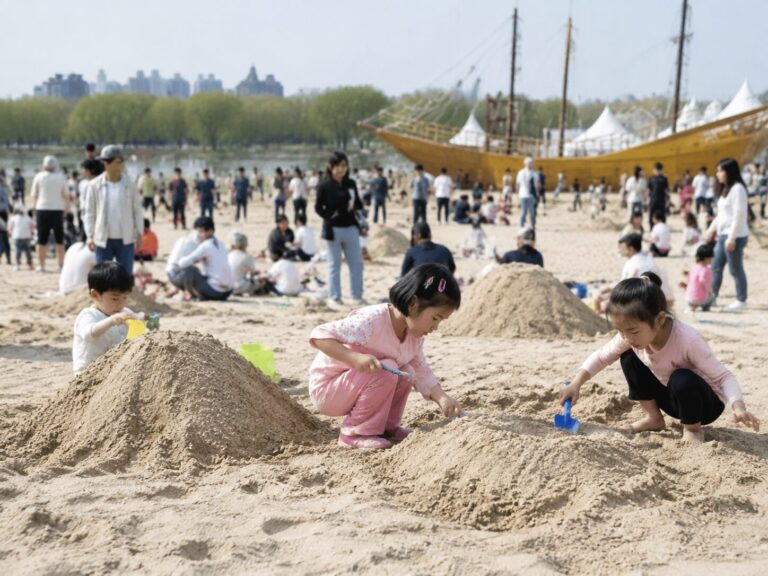 화성 뱃놀이 축제 모래 놀이터에서 아이들이 놀이하는 모습