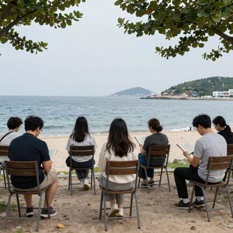 부산 민락수변공원에서 열리는 부산바다도서관 야외 리딩존 사진, 바다와 하늘을 배경으로 다양한 의자에서 사람들이 책을 읽고 쉬고 있음