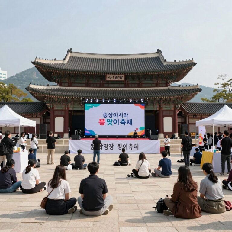 서울광장에서 열리는 중앙아시아 봄맞이축제의 부스와 무대 전경