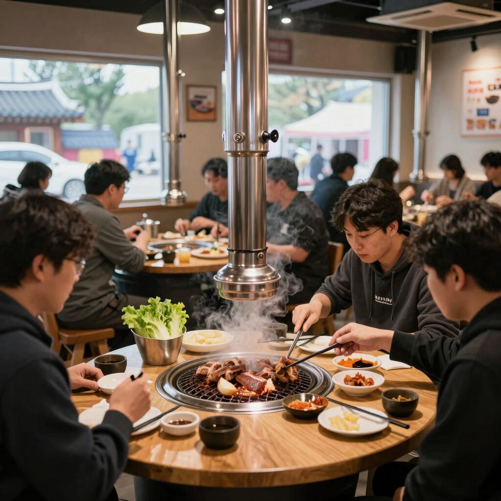 치악산 한우축제 셀프 식당에서 한우를 구워 먹는 사람들