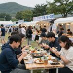 충주 다이브 페스티벌 푸드트럭존과 사람들이 식사하는 모습