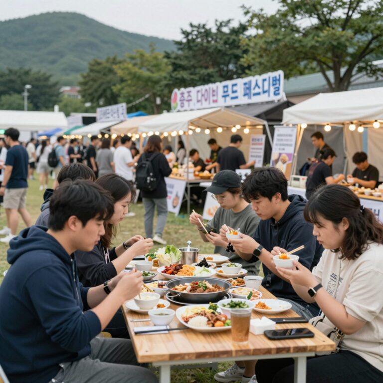 충주 다이브 페스티벌 푸드트럭존과 사람들이 식사하는 모습