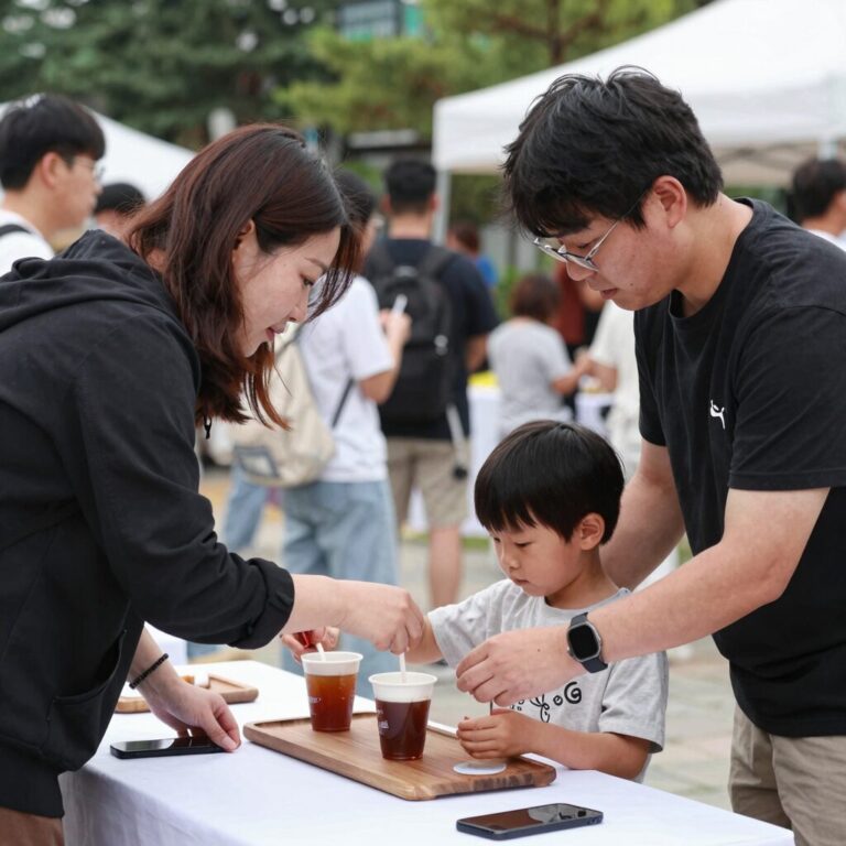 경춘선 공릉숲길 커피축제에서 아이와 부모가 드립백 만들기를 체험하는 모습
