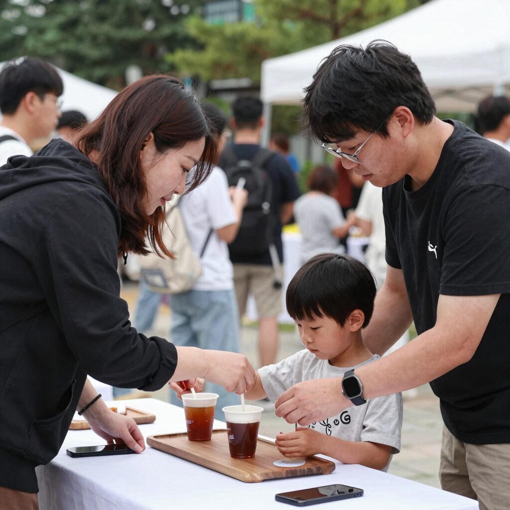경춘선 공릉숲길 커피축제에서 아이와 부모가 드립백 만들기를 체험하는 모습