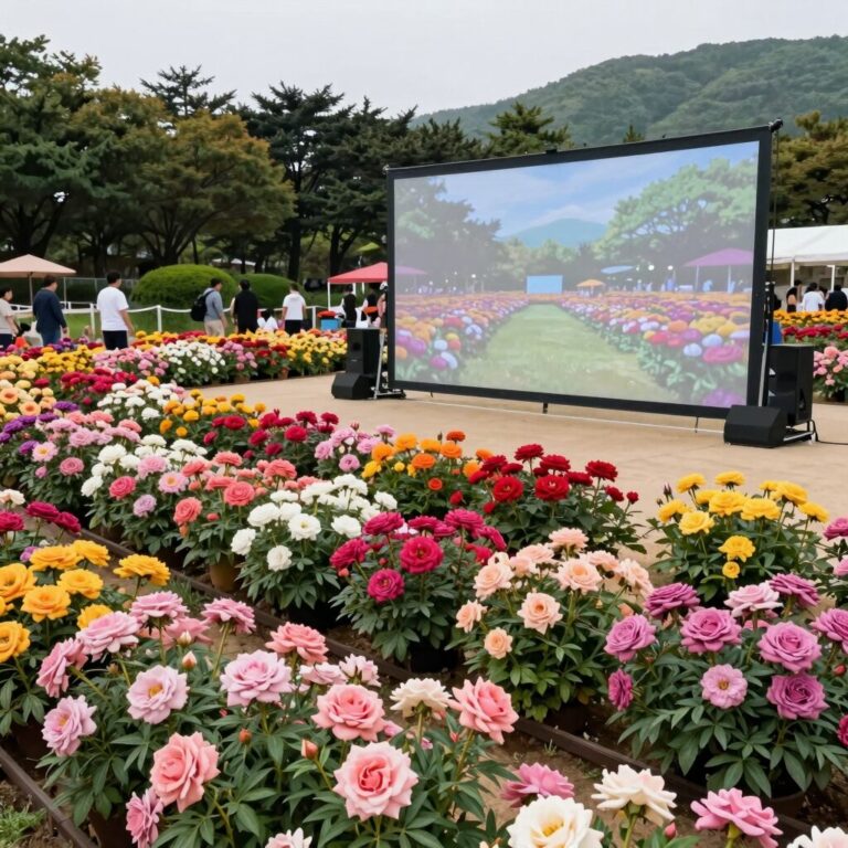 대구 이곡장미공원에서 핀 다양한 색상의 장미와 축제 포토존