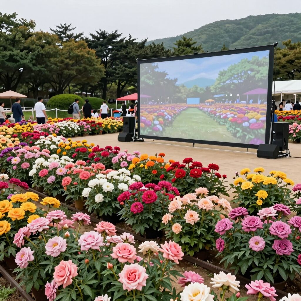 대구 이곡장미공원에서 핀 다양한 색상의 장미와 축제 포토존