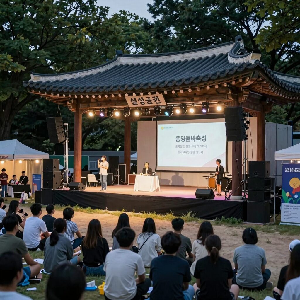 음성품바축제 설성공원 야외무대와 다양한 부스들이 밝게 조명된 모습