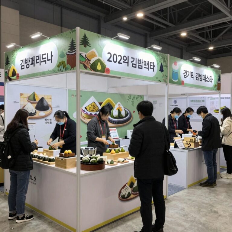 수원컨벤션센터에서 열리는 2026 경기미 김밥페스타 행사장 내부 전경, 다양한 김밥 부스와 관람객들