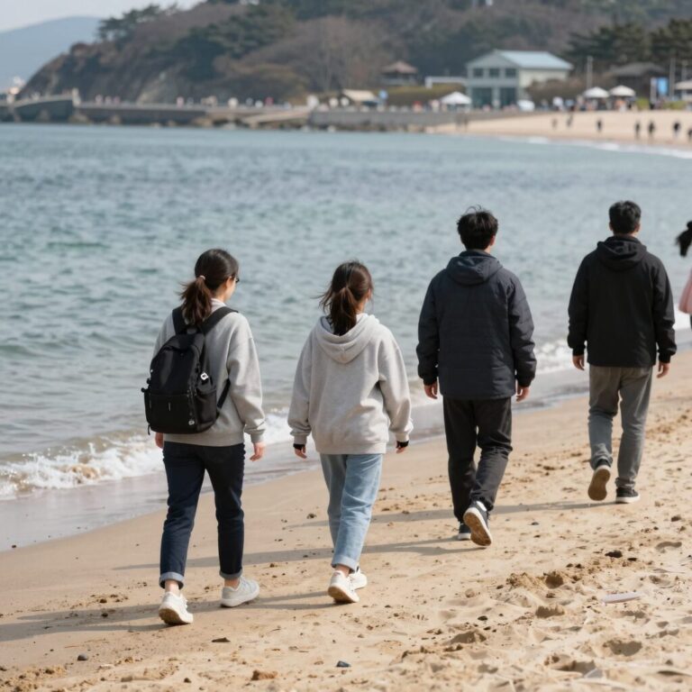 광안리 해수욕장에서 진행되는 가족걷기 축제, 참가자들이 해변을 따라 걷는 모습