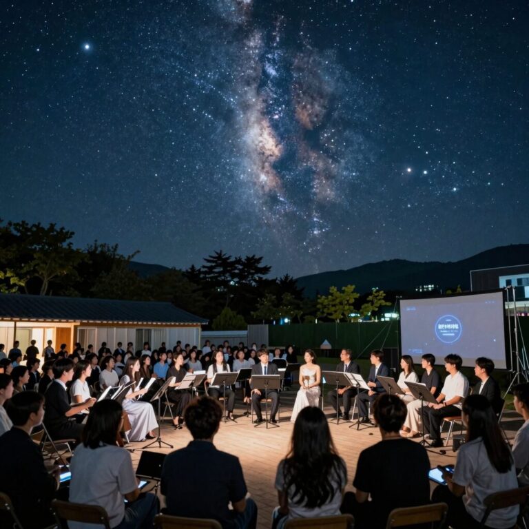 밤하늘의 별빛을 배경으로 야외에서 진행되는 계촌 클래식 축제 별빛콘서트 관람 풍경