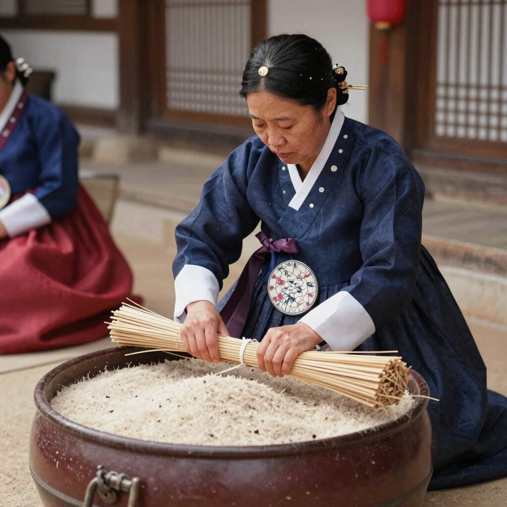 한산모시 전통 베틀에서 장인이 모시를 짜고 있는 모습