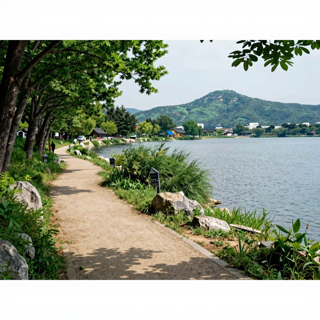 횡성호수길 5구간의 아름다운 호수 전망과 산책로 풍경