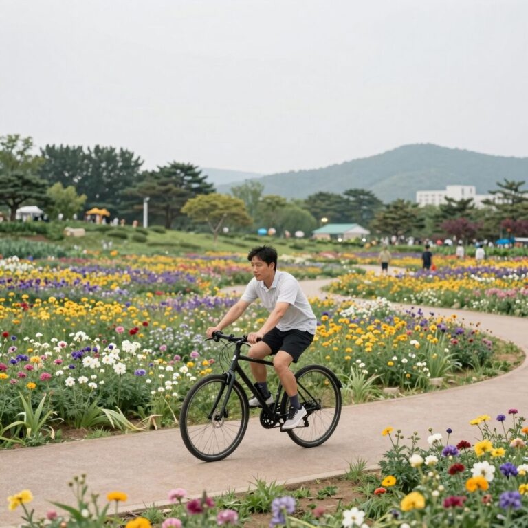 장성 황룡강 생태공원의 넓은 꽃밭과 자전거길