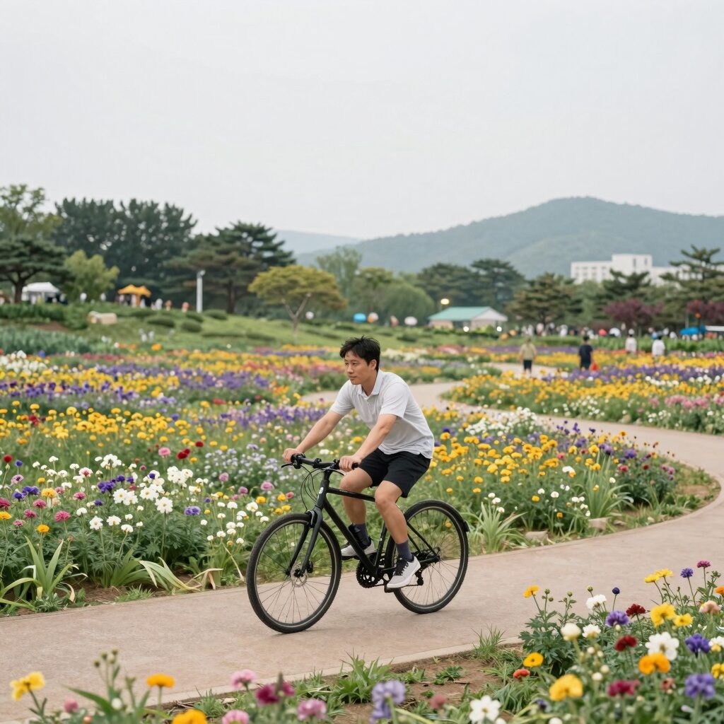 장성 황룡강 생태공원의 넓은 꽃밭과 자전거길