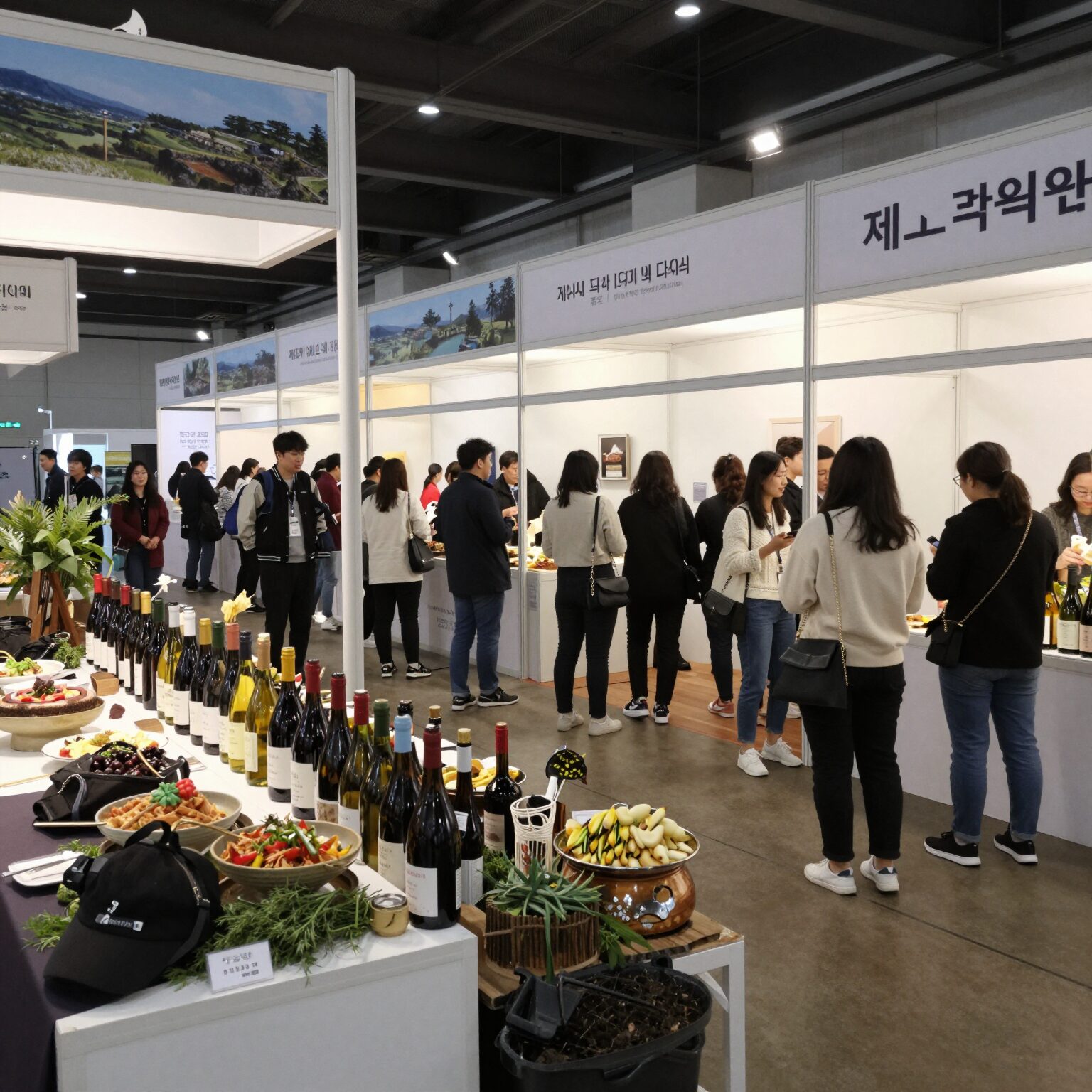 제주푸드앤와인페스티벌 행사장 내부 모습, 다양한 음식과 와인 부스가 있으며 사람들이 즐겁게 돌아다니고 있다.