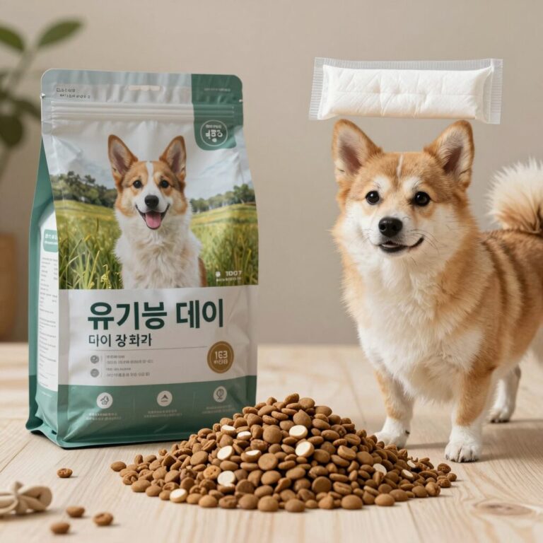 유기농 데이 강아지 사료와 생리대를 함께 놓고 비교하는 사진
