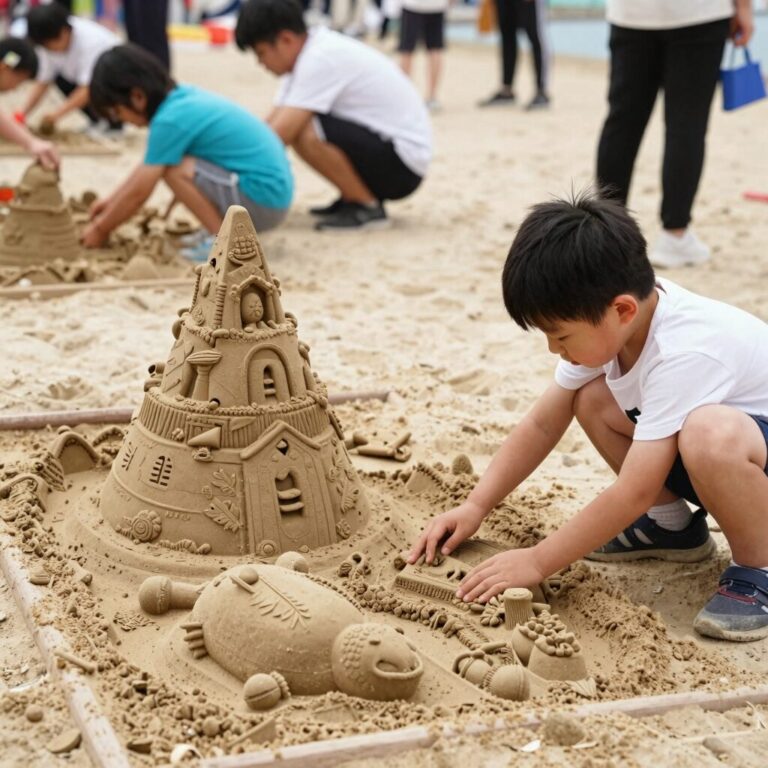 해운대 모래축제에서 어린이가 모래로 작품을 만드는 체험 활동