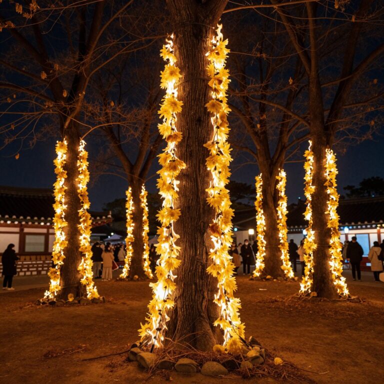 세종 낙화축제에서 나무에 매달린 낙화봉이 불타며 아름다운 불빛을 내뿜는 야간 풍경