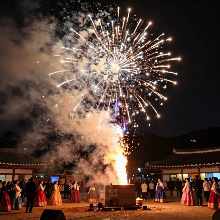세종 낙화 축제의 화려한 불꽃이 밤하늘을 수놓는 모습