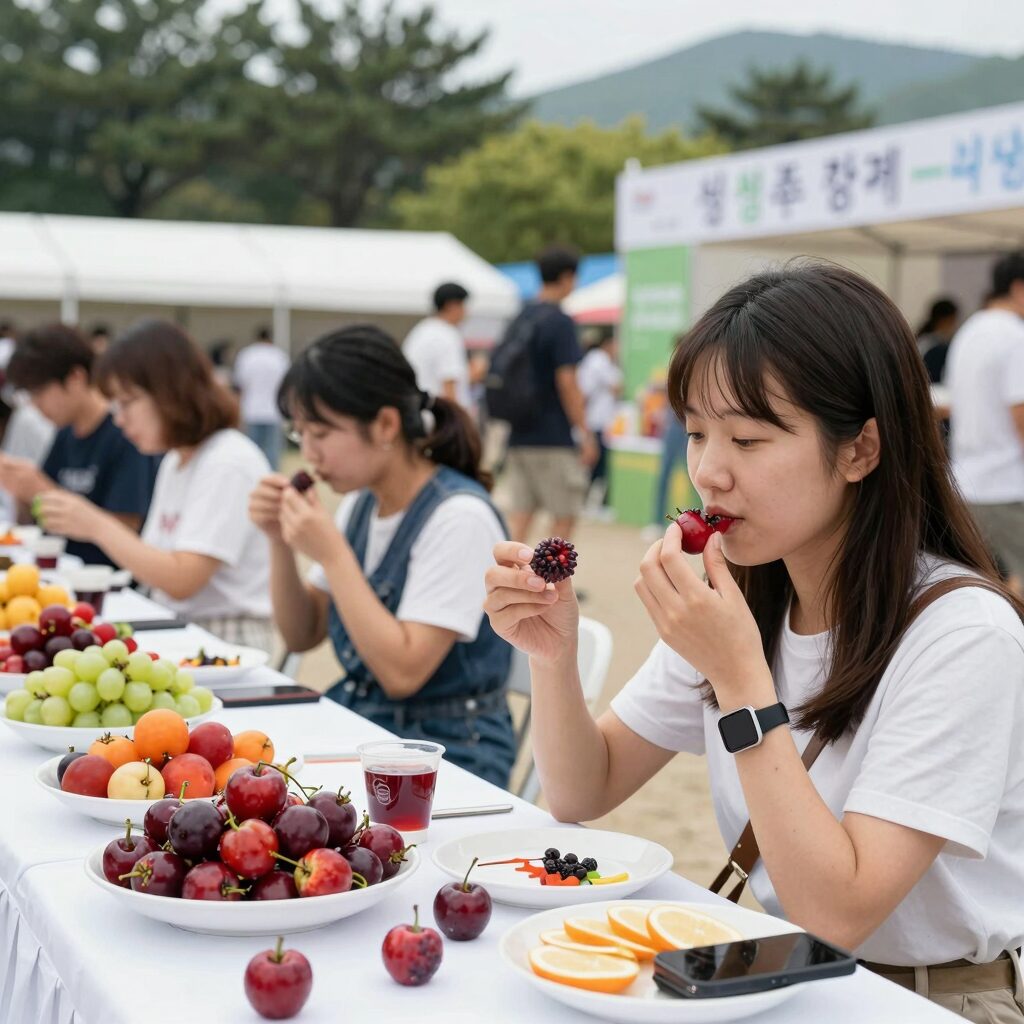 성주참외축제 생명 테마광장에서 다양한 참외를 시식하고 있는 모습