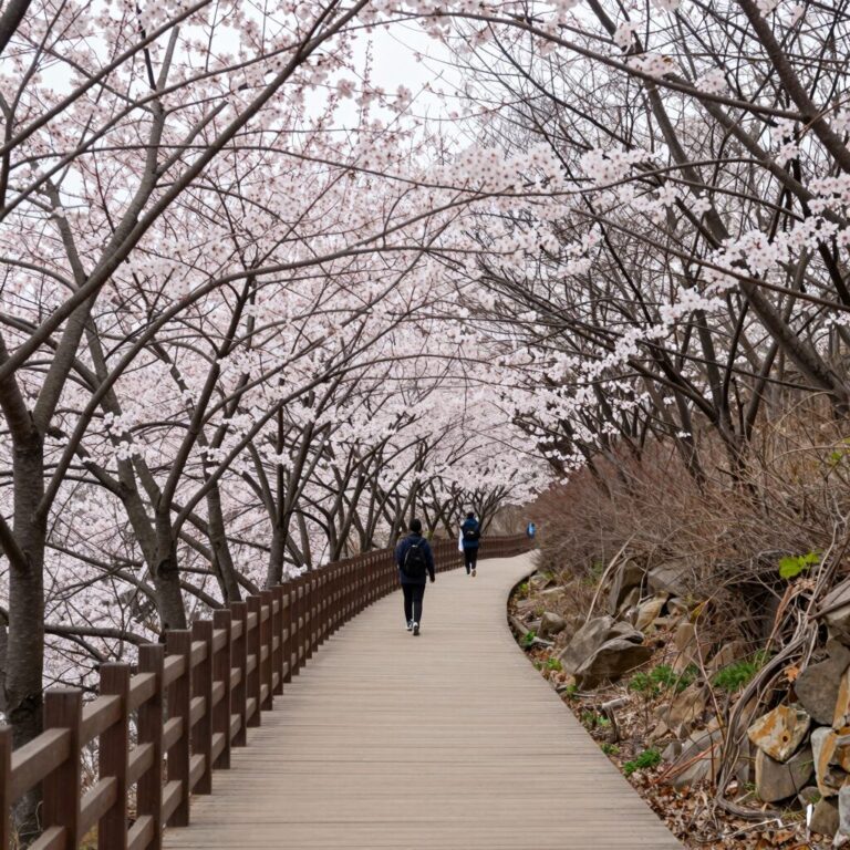 봄꽃이 만발한 강원도 정선 하늘숲길의 아름다운 풍경, 나무 데크로와 탐방로가 잘 정비되어 있다