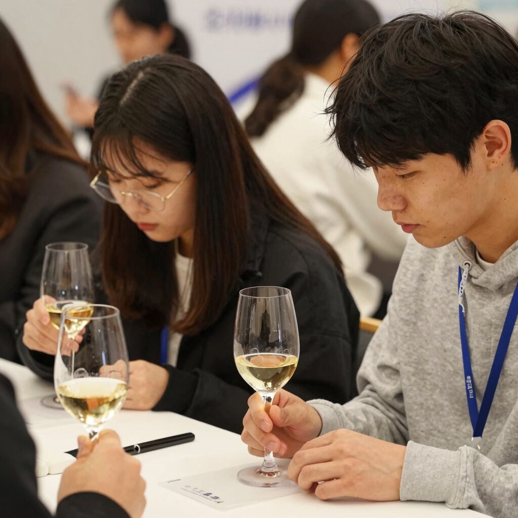 영동 와인축제에서 젊은 남녀가 와인글라스 꾸미기 체험을 즐기고 있는 모습
