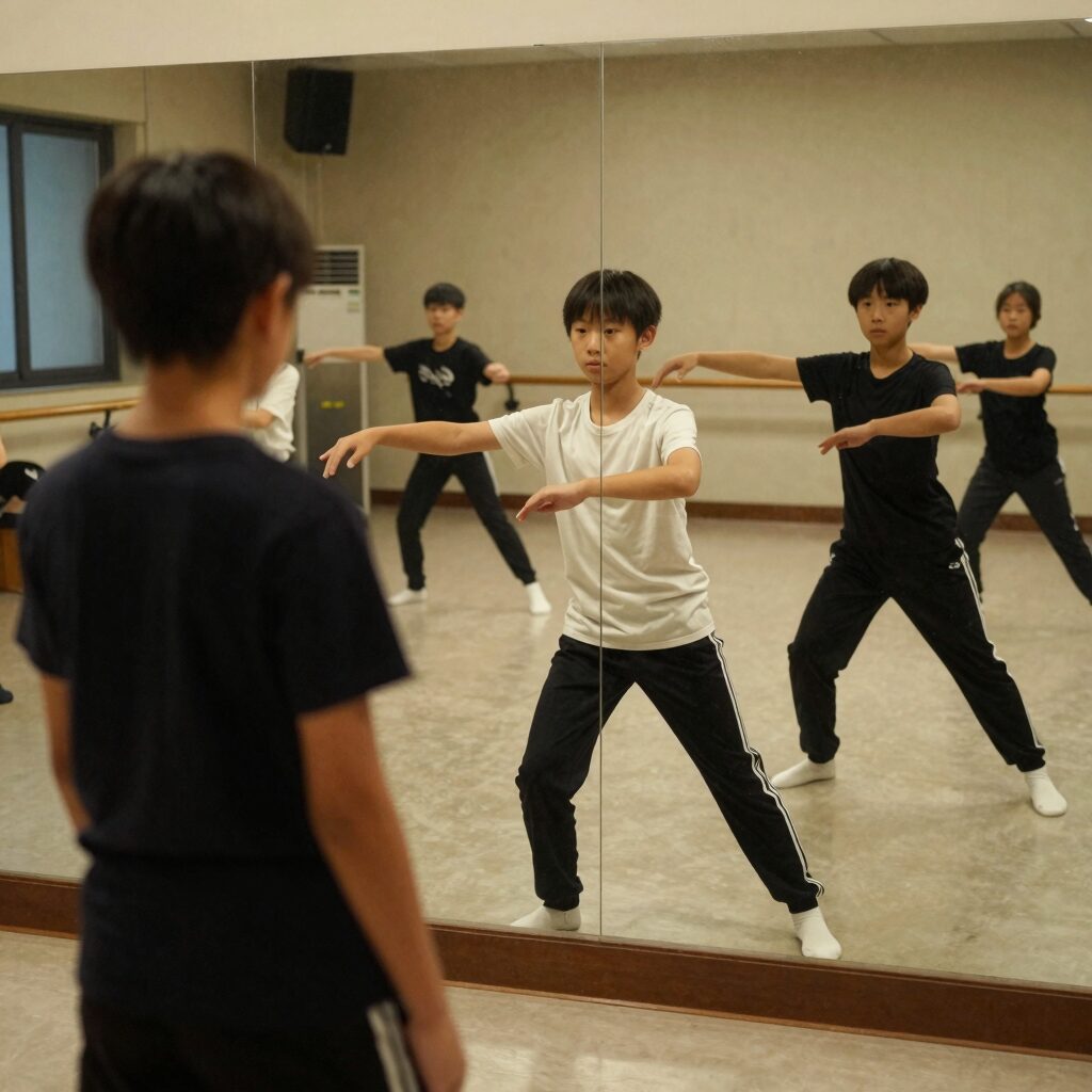 청소년 댄서가 거울 앞에서 열정적으로 안무 연습을 하고 있는 모습