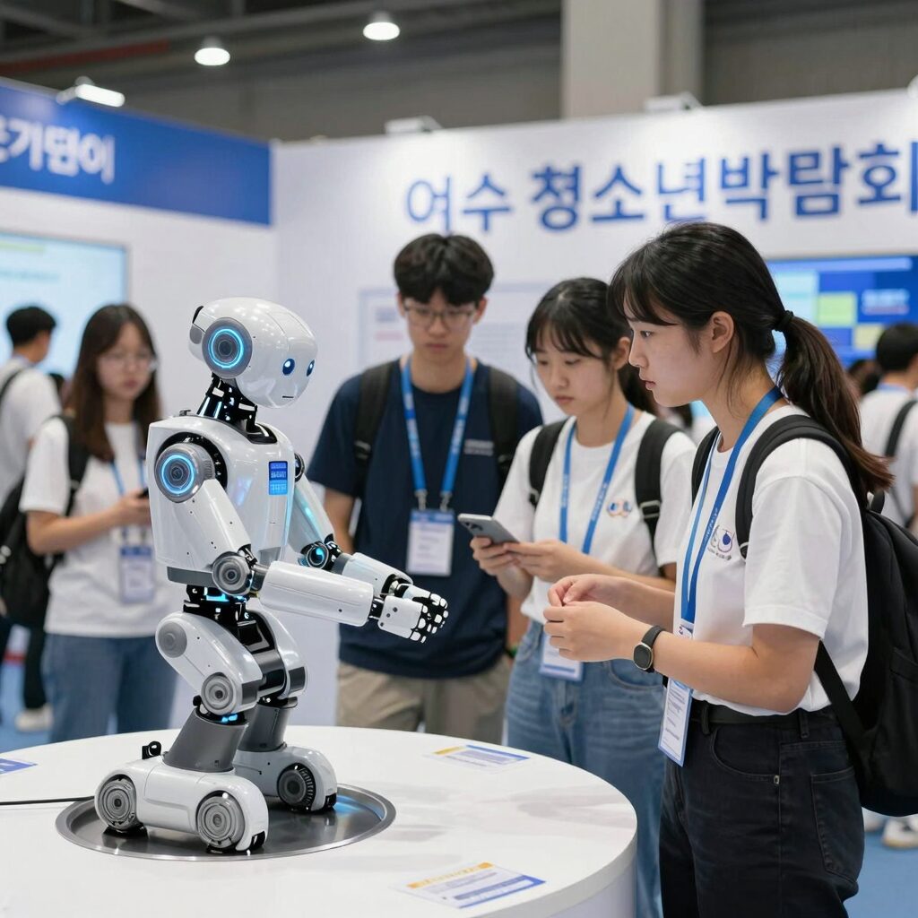 여수 청소년박람회 체험부스에서 학생들이 AI 로봇을 조종하며 미래 기술을 체험하는 모습