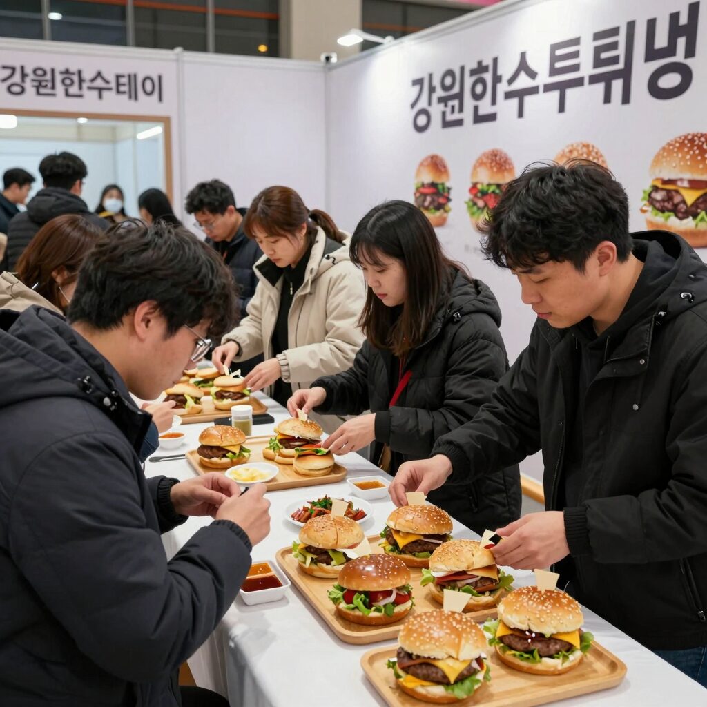 강원한우데이 현장에서 한우버거 무료 나눔 이벤트를 즐기는 방문객들과 다양한 먹거리 부스