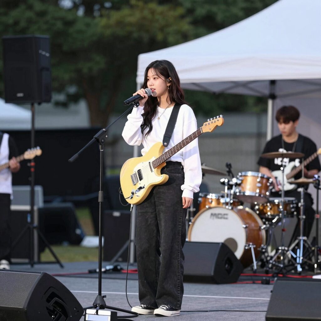 대구 앞산축제 야외 무대에서 신유가 공연하는 모습, MBC 가요베스트 앞산축제 특집 녹화 현장 분위기
