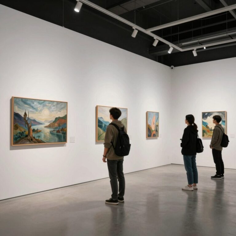 2026 아시아프 100 전시장 내부 예상 이미지, 현대적인 갤러리 공간에 젊은 예술가들의 다양한 작품이 전시되어 있는 모습