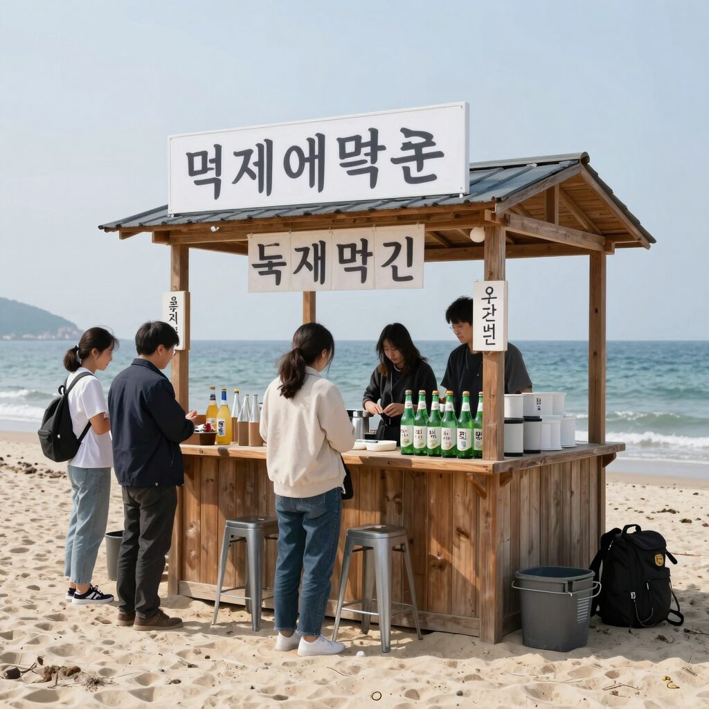 경포해변 백사장에 설치된 수제맥주 부스들과 사람들