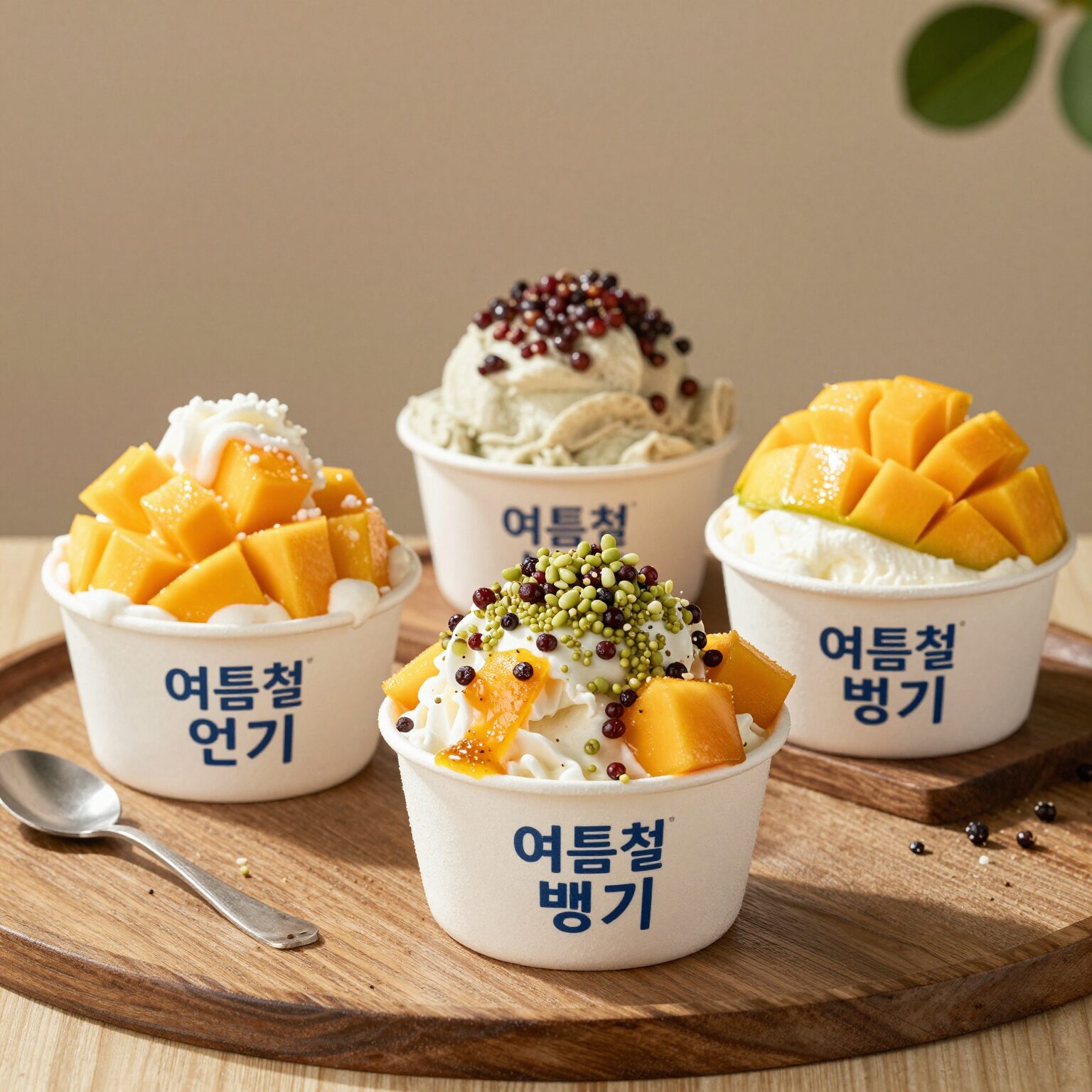 여름철 인기 빙수 4종이 테이블에 놓인 모습으로 망고 옥수수 피스타치오 등 다양한 토핑이 보인다