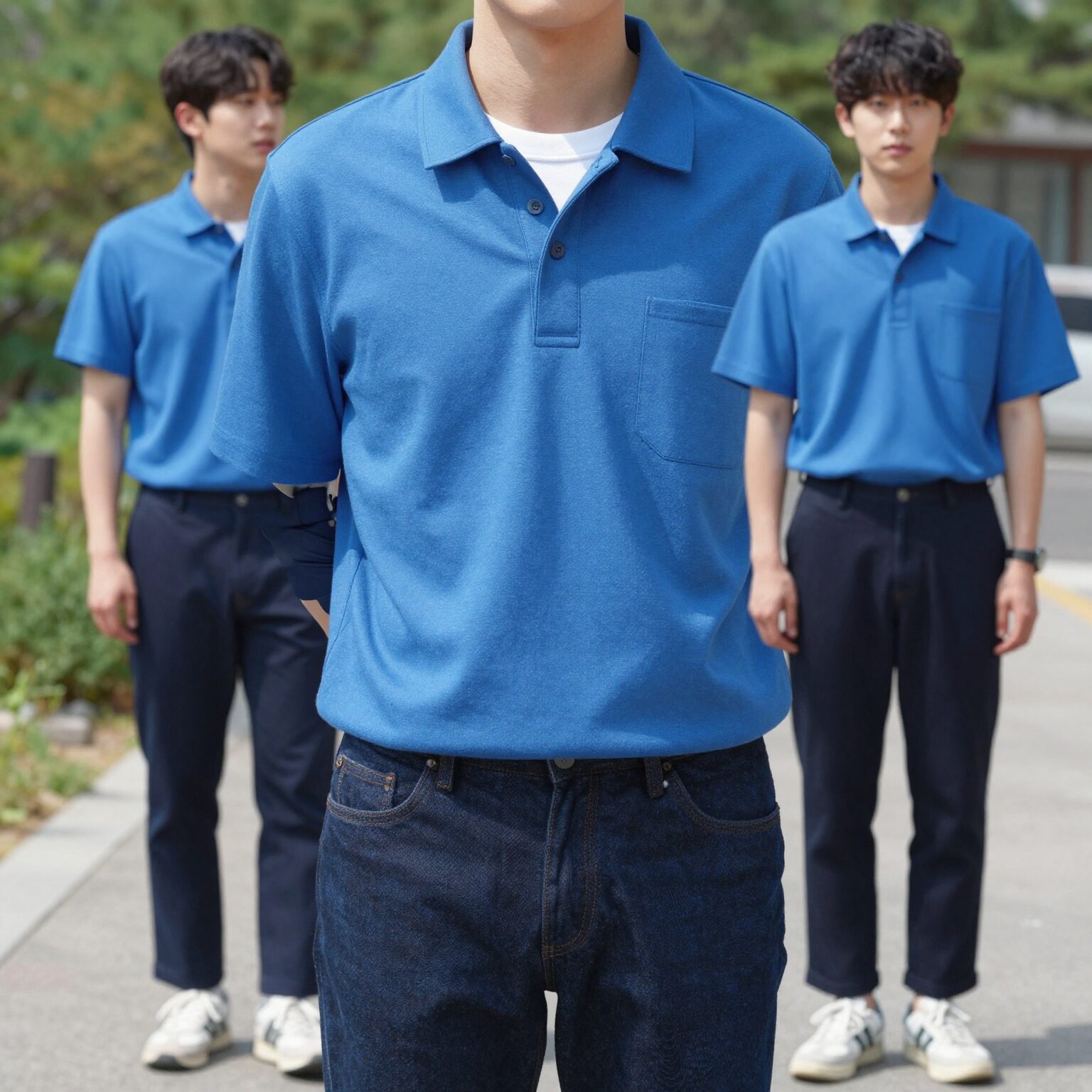 파란 티셔츠를 활용한 캐주얼 데일리룩 연출 예시