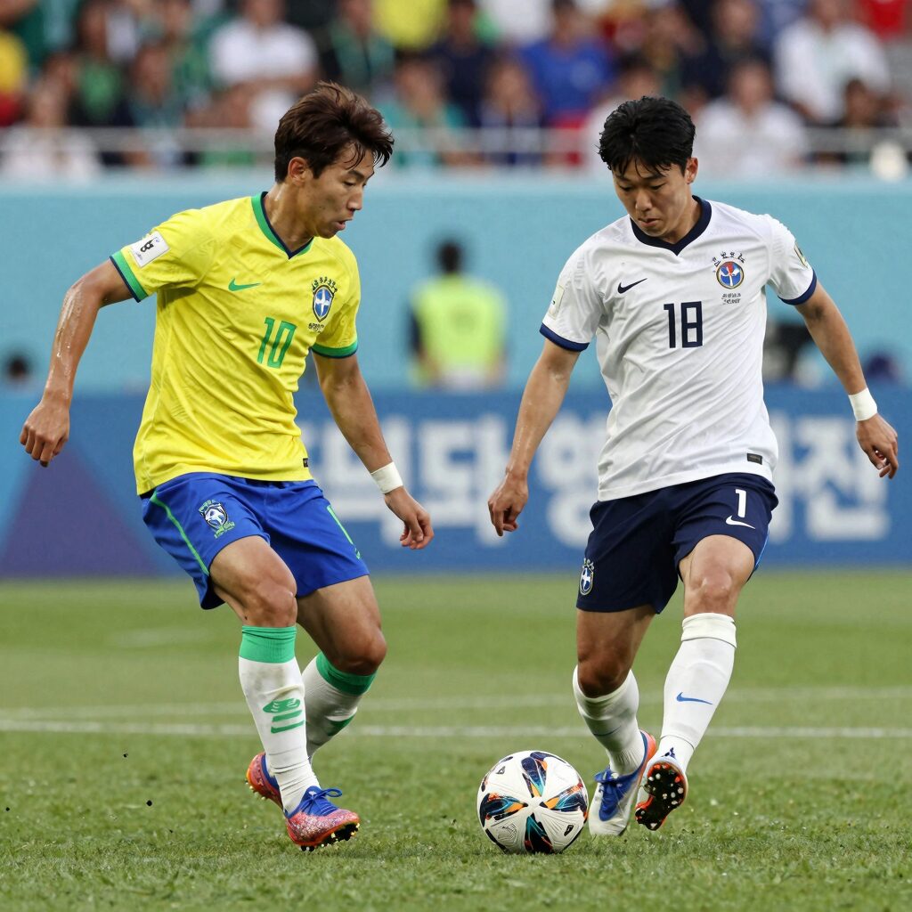 브라질과 일본 축구 평가전에서 공을 다투는 장면