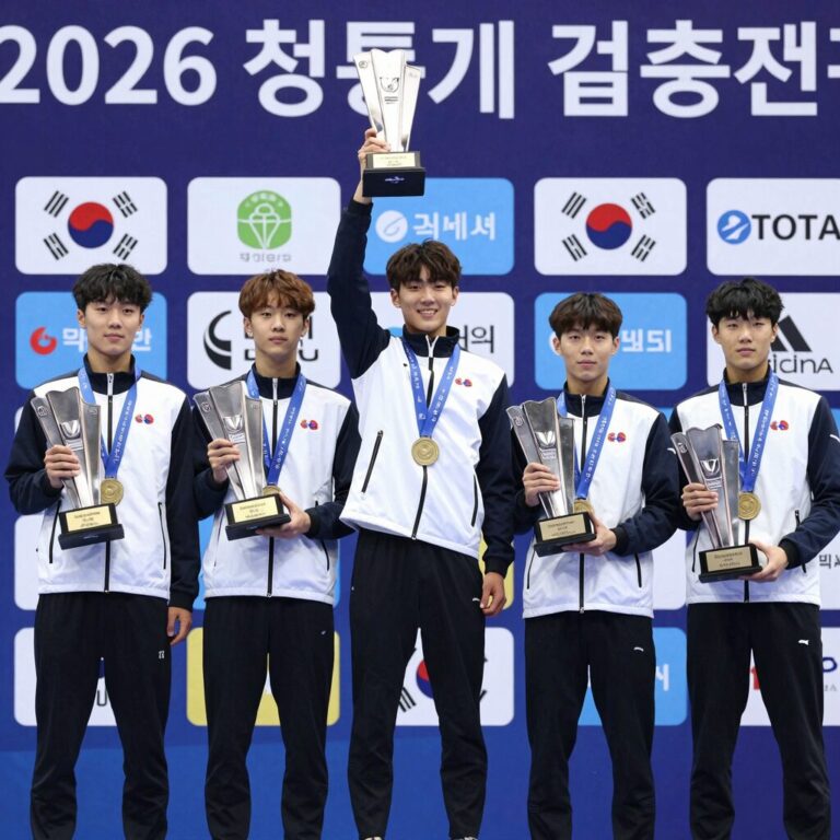 2026 청룡기 결승전에서 경기고 선수들이 우승 트로피를 들어올리는 모습
