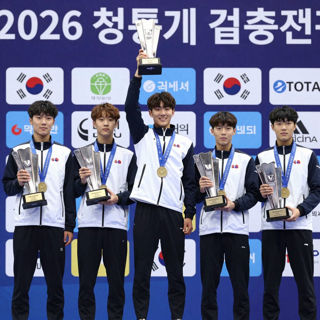 2026 청룡기 결승전에서 경기고 선수들이 우승 트로피를 들어올리는 모습