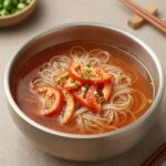 차가운 냉라면 그릇에 오이 토마토 크래미 고명을 올린 모습