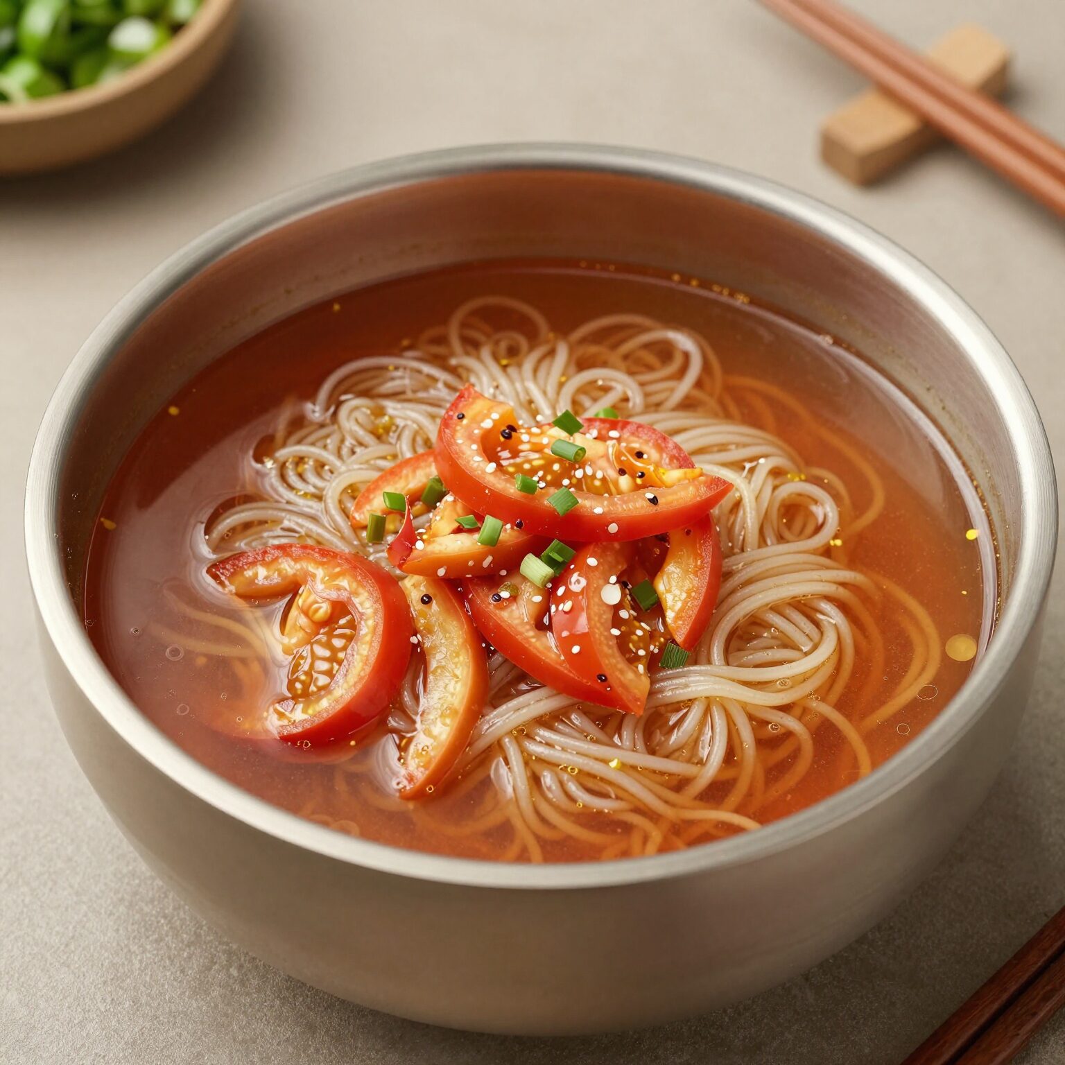 차가운 냉라면 그릇에 오이 토마토 크래미 고명을 올린 모습
