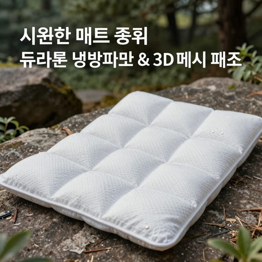 시원한 매트 종류 비교 듀라론 냉감패드와 냉온수매트와 3D 메쉬 패드의 특징을 설명하는 이미지