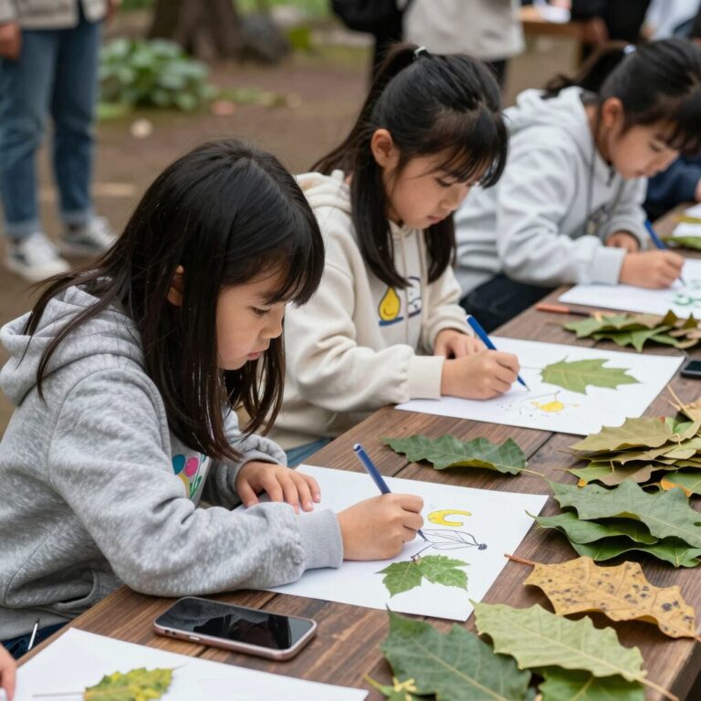 제주 숲으로 오라 축제에서 아이들이 나뭇잎으로 그림을 그리고 있는 모습