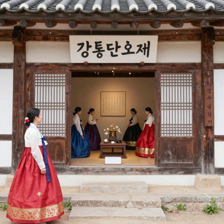 강릉단오제전수교육관 외관과 전시실 내부, 단오제의 역사를 설명하는 모형