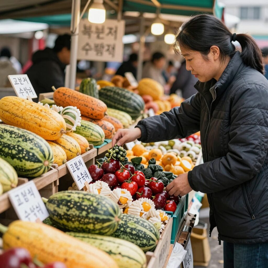 고창 복분자 수박축제 장터에서 판매되는 신선한 수박과 복분자 가공식품들