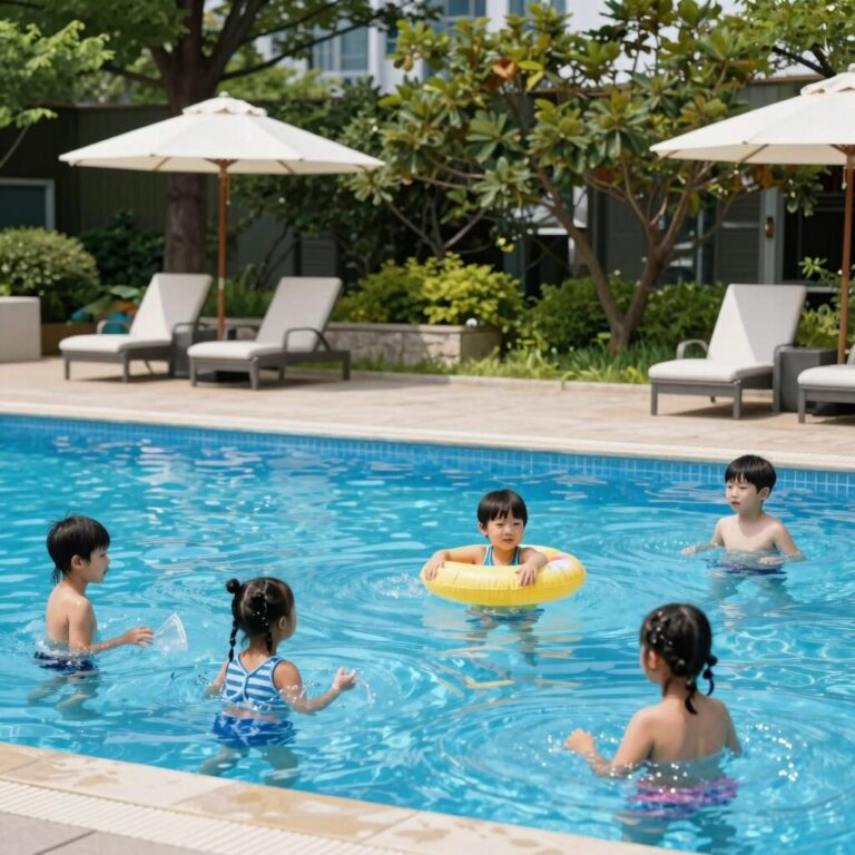 경주 힐튼 유레카 야외수영장 키즈풀에서 노는 아이들 모습